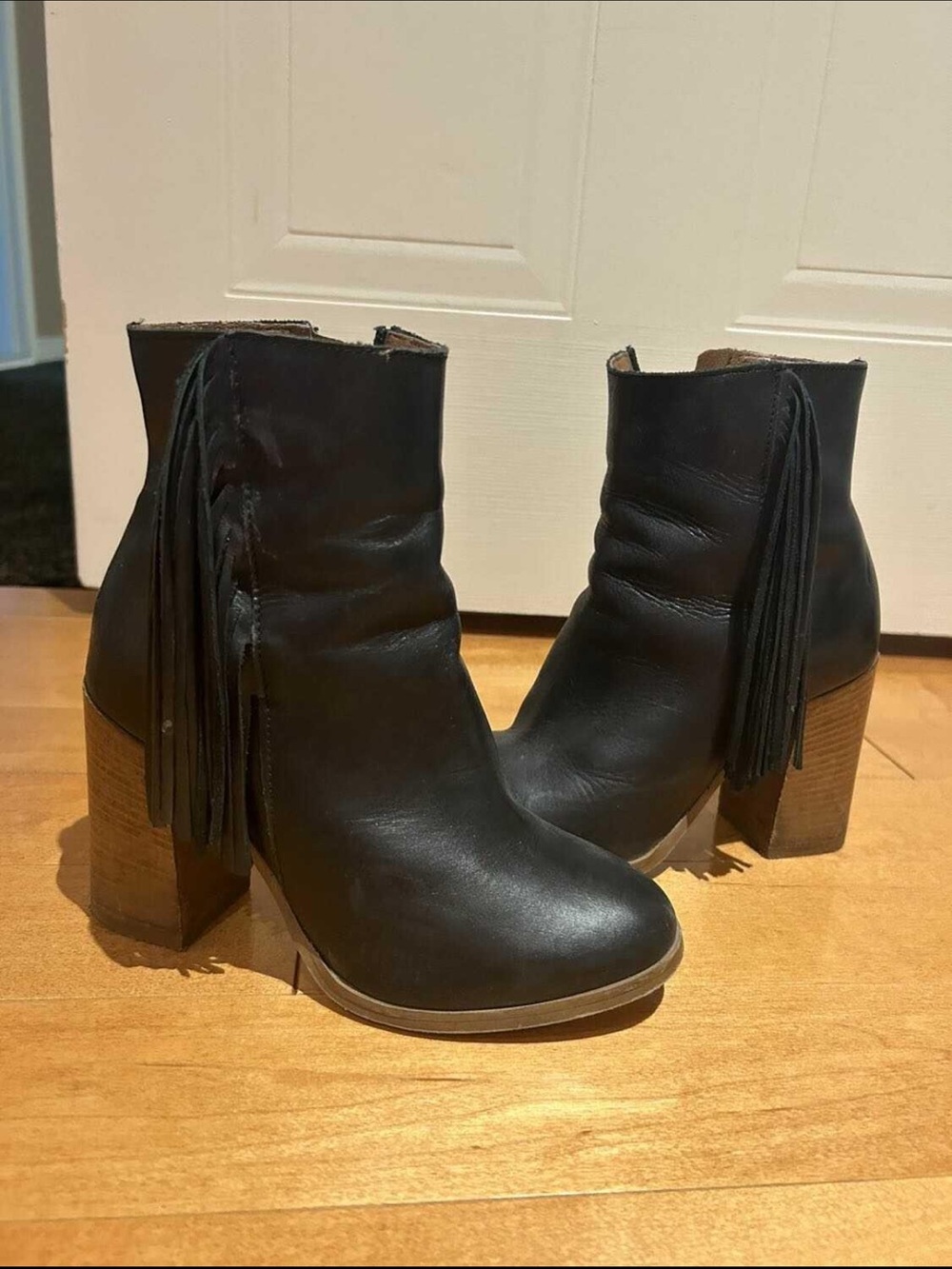 Black Fringe Leather Ankle Boots
